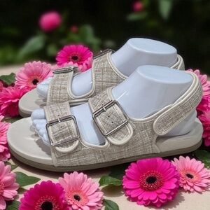 NWOT Seychelles Bobbie Ivory Tweed Strappy Hook and Loop Sandals Old Money 8.5‎